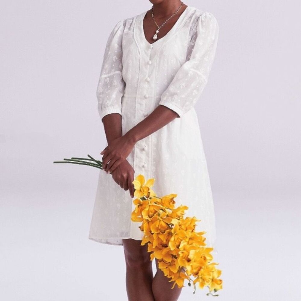 Cabi Midsommer Puff Sleeve Eyelet Button Front White 2-Way Dress Cotton w Slip 8